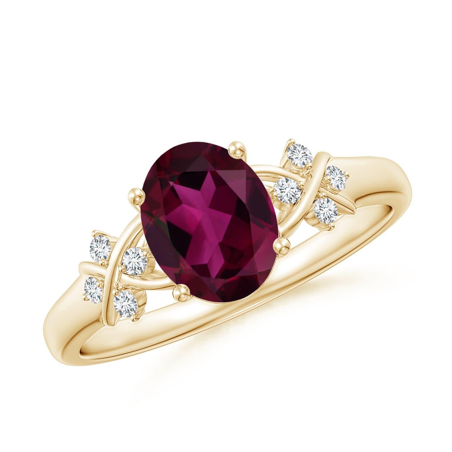 Angara natürlichen Solitär Oval Rhodolith Ring mit Diamanten in 14K massivem Gold im Angebot 1