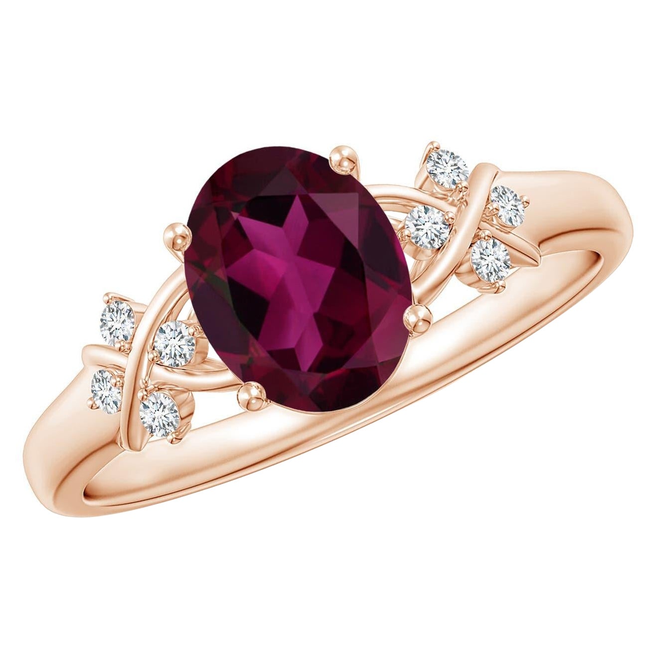 Angara natürlichen Solitär Oval Rhodolith Ring mit Diamanten in 14K massivem Gold