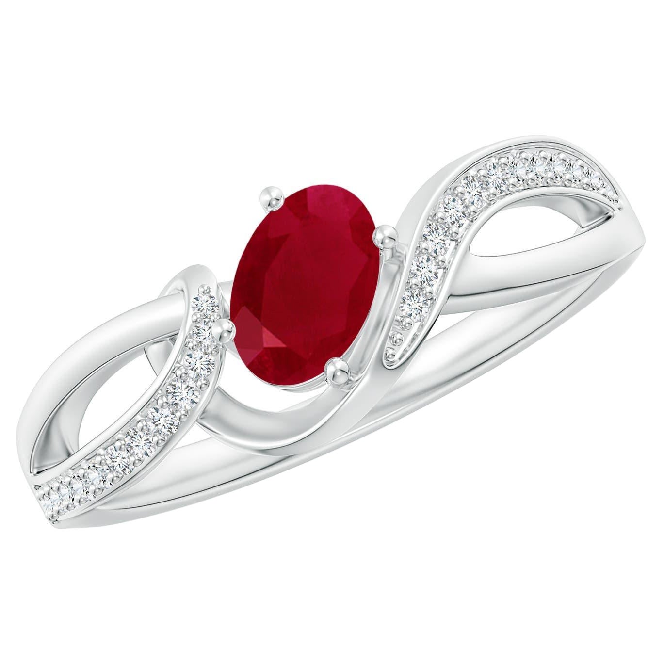 Angara Natural Solitaire Oval Ruby Engagement Ring with Diamond in 14K Solid Gol For Sale