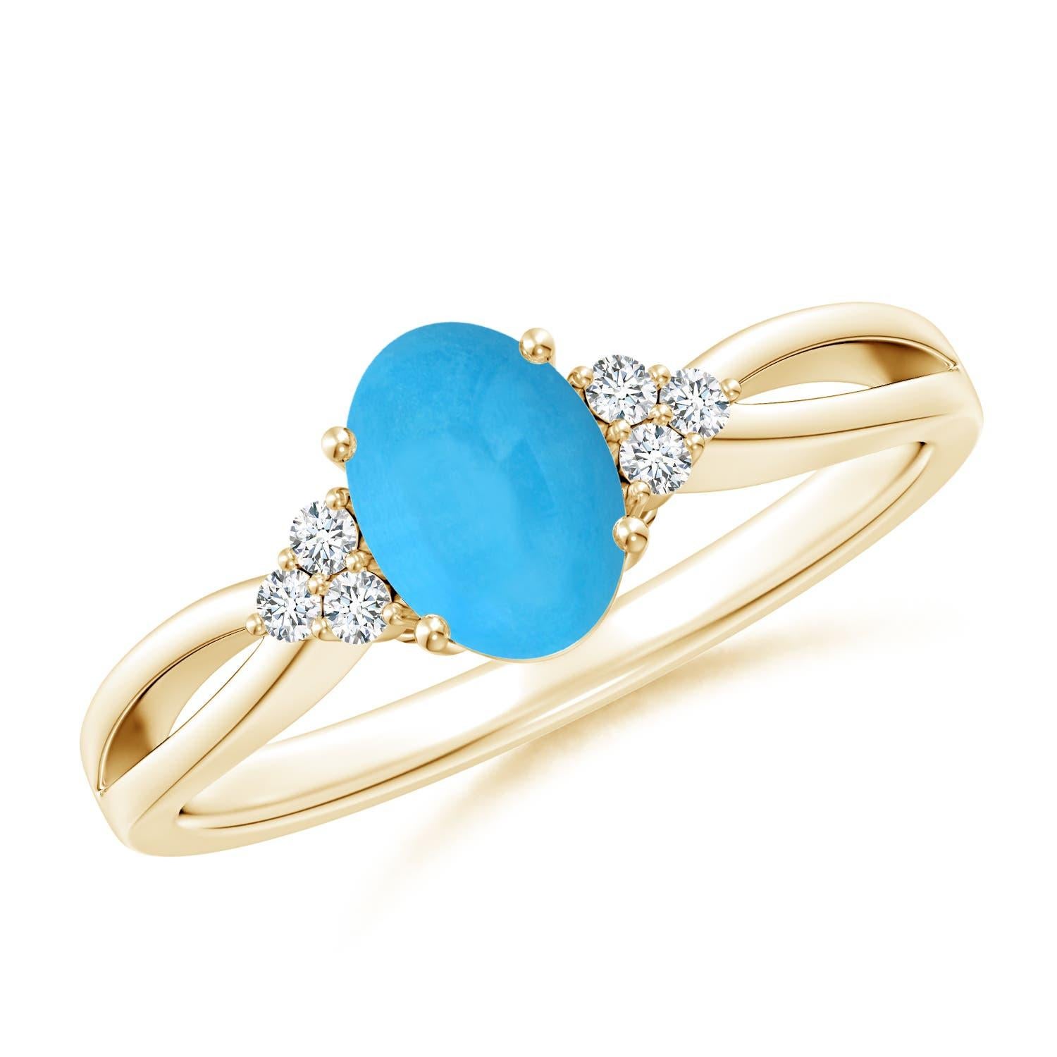 Anello Angara in turchese ovale solitario naturale con Trio di diamanti in oro massiccio 14 carati in vendita 1