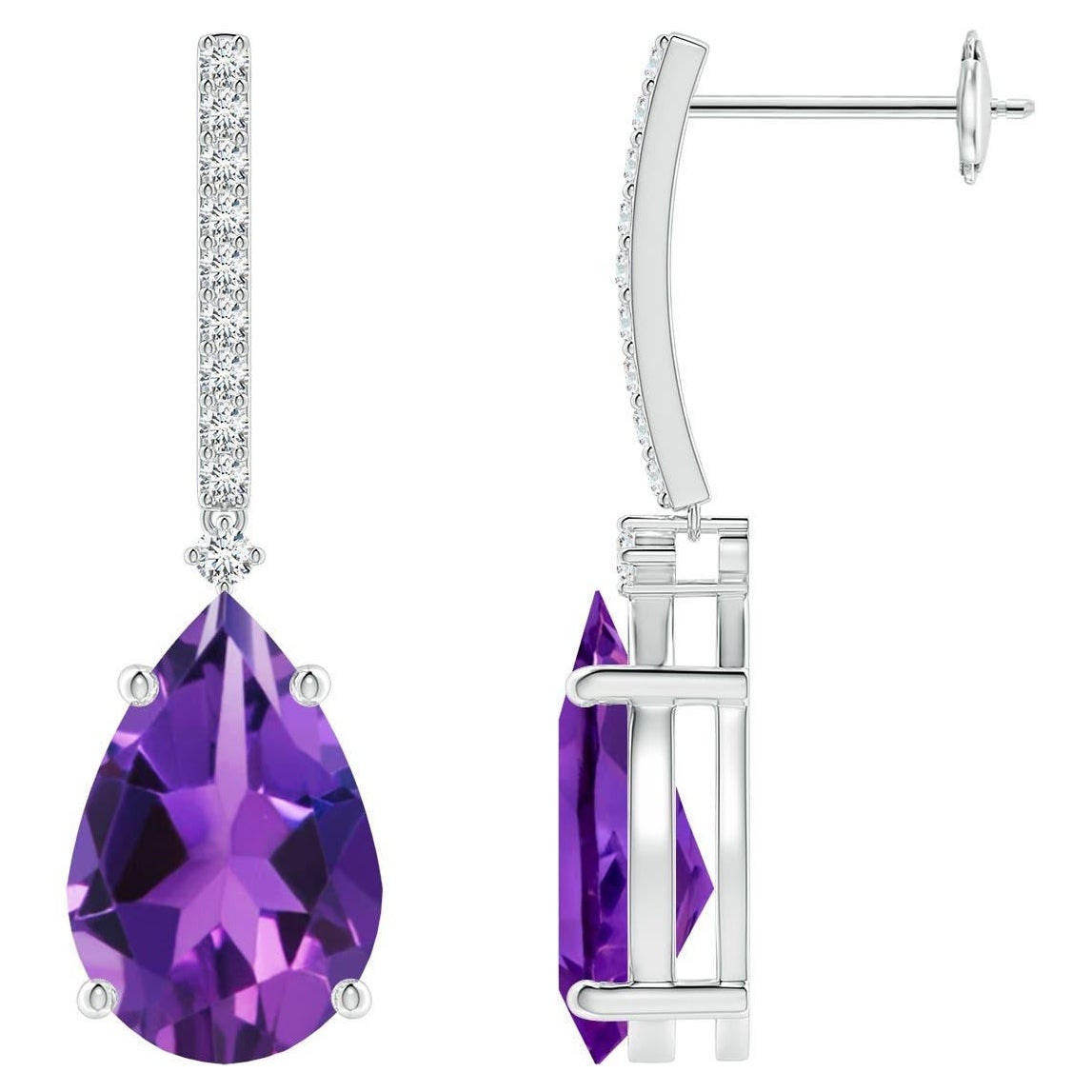 Angara Orecchino a goccia con pera solitario naturale, ametista e diamanti da 5,2 carati in oro 14K