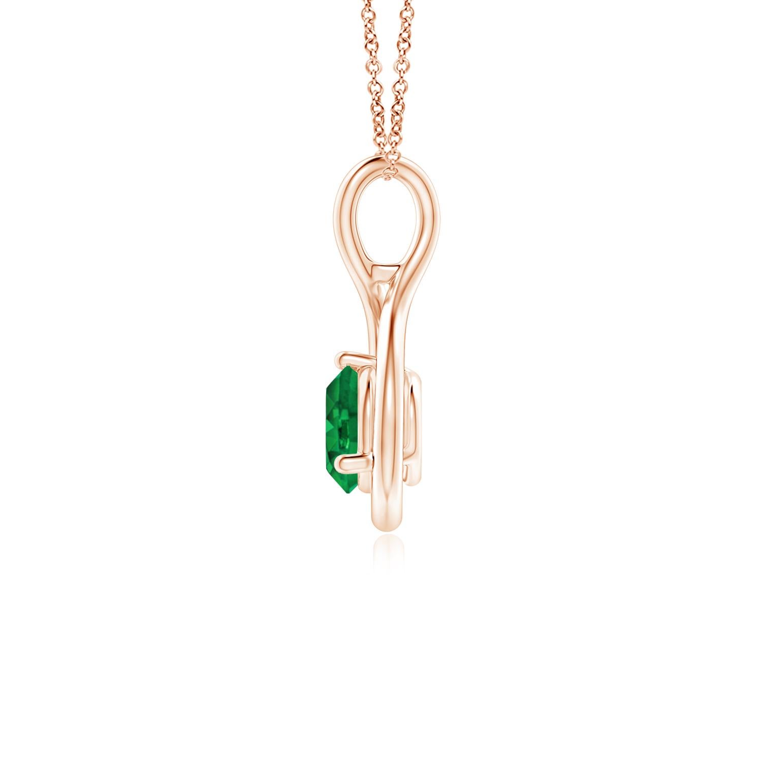 Nestled within a graceful infinity loop is a prong-set solitaire emerald that draws the eye with its lush green hue. The fluid elegance of this lustrous 14k rose gold infinity twist pendant evokes a feminine vibe.
Emerald is the Birthstone for May