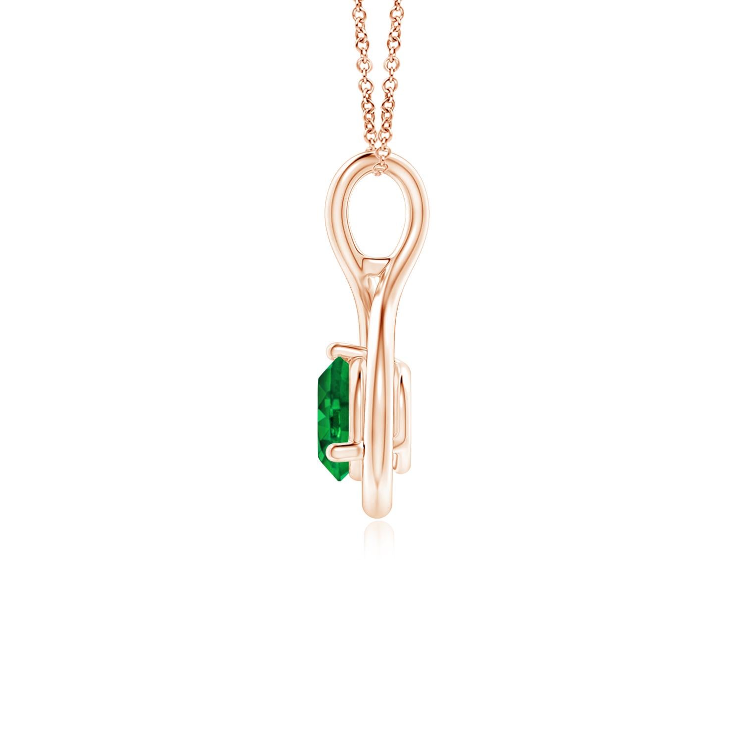 Nestled within a graceful infinity loop is a prong-set solitaire emerald that draws the eye with its lush green hue. The fluid elegance of this lustrous 14k rose gold infinity twist pendant evokes a feminine vibe.
Emerald is the Birthstone for May