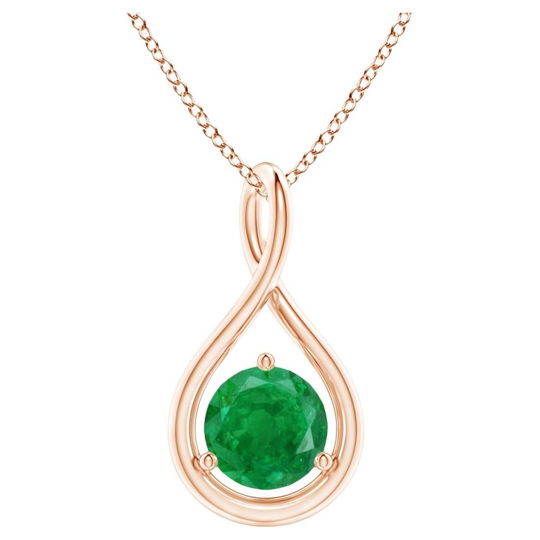 Natural Solitaire Round Emerald Infinity Pendant in 14K Rose Gold 5mm For Sale