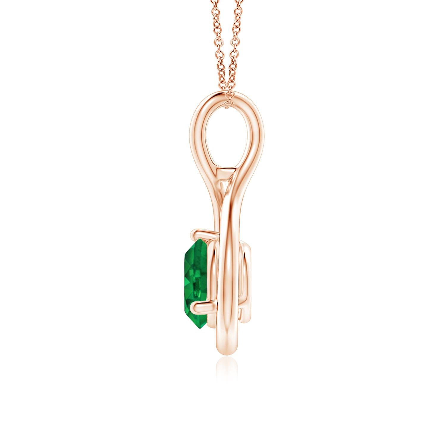 Nestled within a graceful infinity loop is a prong-set solitaire emerald that draws the eye with its lush green hue. The fluid elegance of this lustrous 14k rose gold infinity twist pendant evokes a feminine vibe.
Emerald is the Birthstone for May