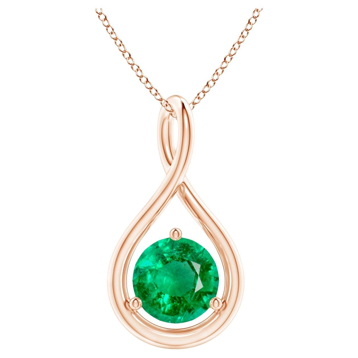 Natural Solitaire Round Emerald Infinity Pendant in 14K Rose Gold 6mm For Sale