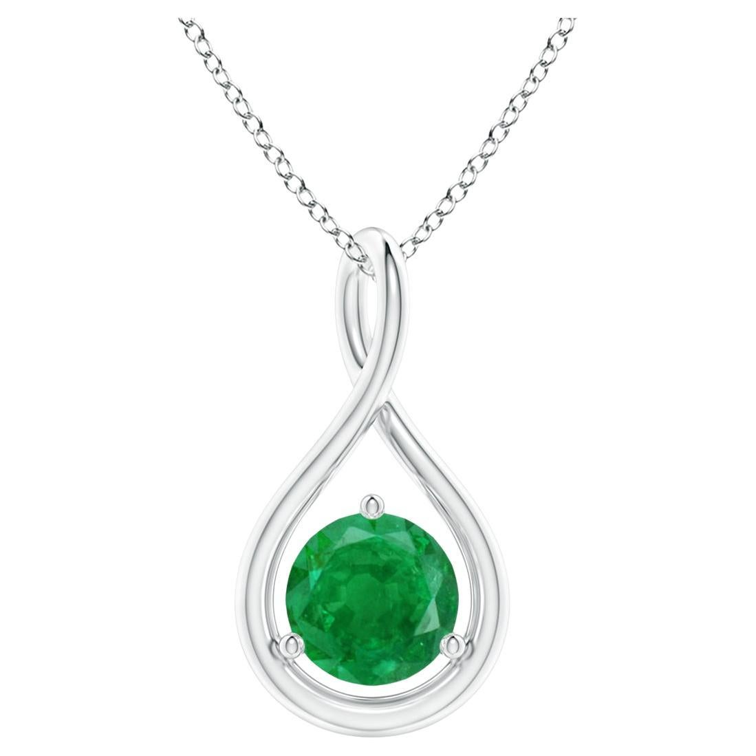 Natural Solitaire Round Emerald Infinity Pendant in 14K White Gold 5mm For Sale