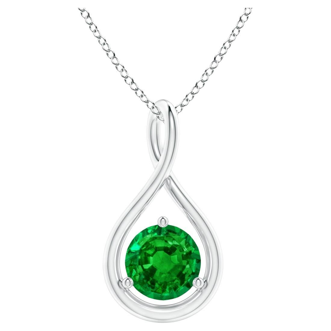 Natural Solitaire Round Emerald Infinity Pendant in 14K White Gold 5mm