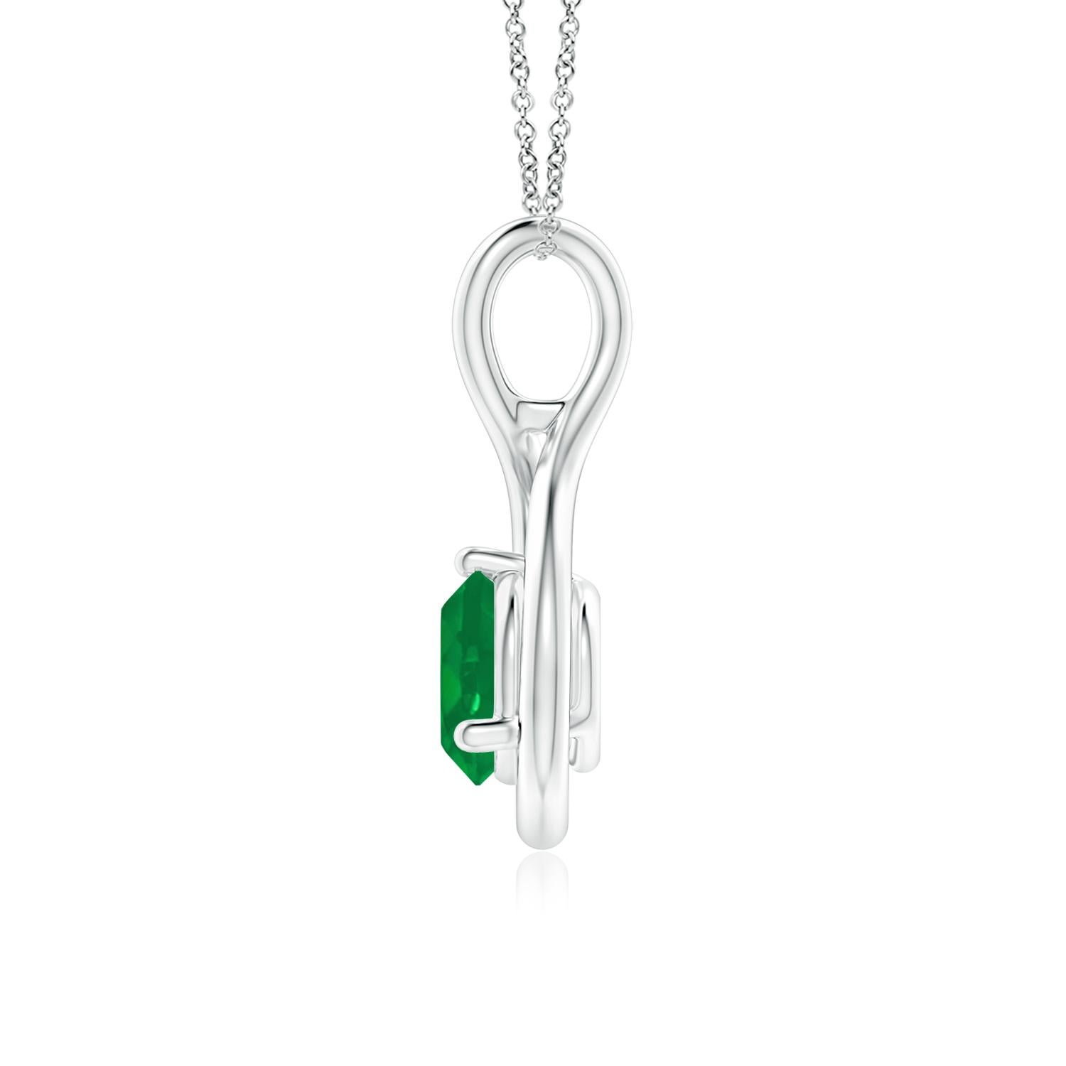 Nestled within a graceful infinity loop is a prong-set solitaire emerald that draws the eye with its lush green hue. The fluid elegance of this lustrous 14k white gold infinity twist pendant evokes a feminine vibe.
Emerald is the Birthstone for May
