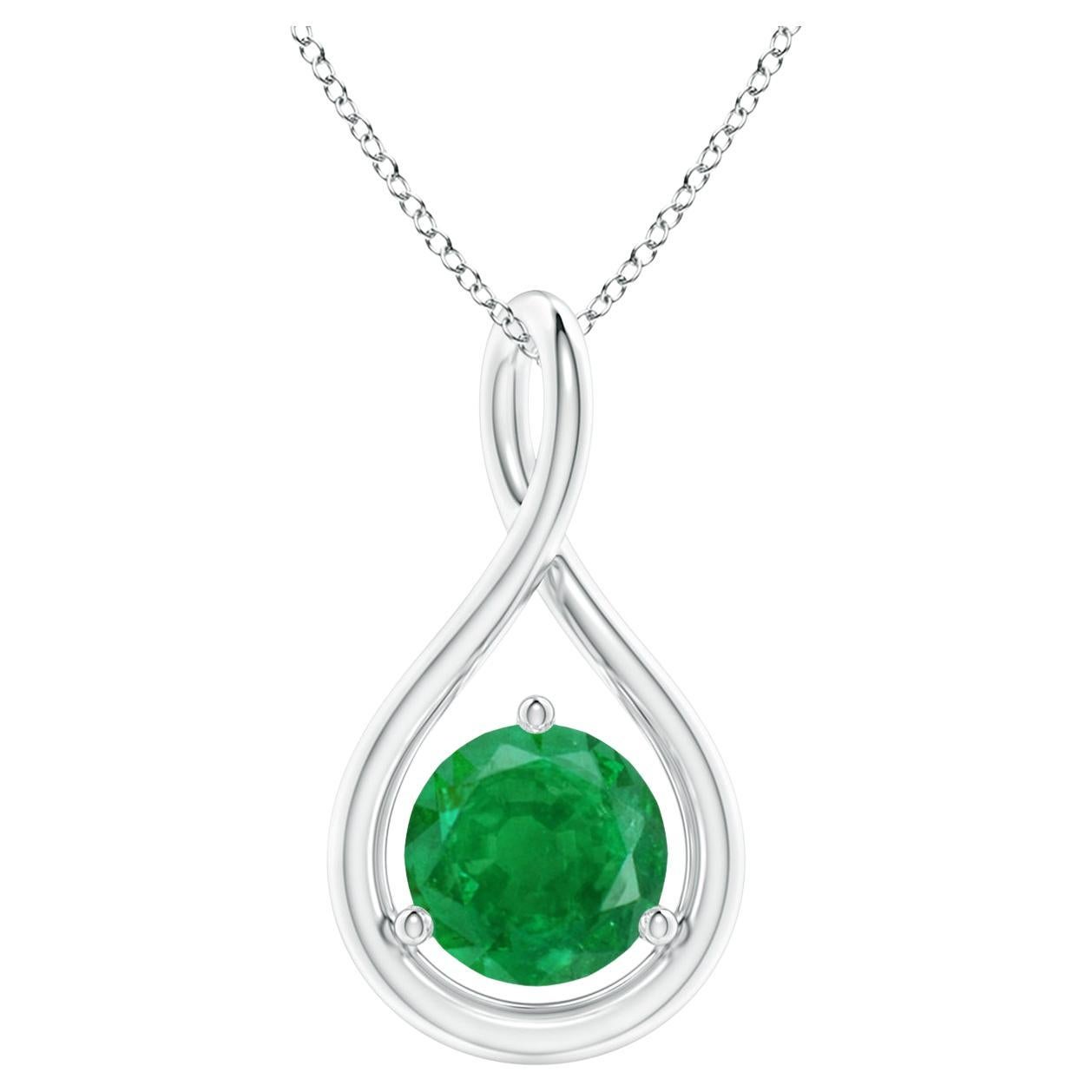 Natural Solitaire Round Emerald Infinity Pendant in 14K White Gold 6mm For Sale