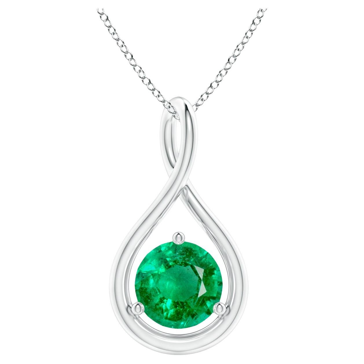 Natural Solitaire Round Emerald Infinity Pendant in 14K White Gold 6mm For Sale
