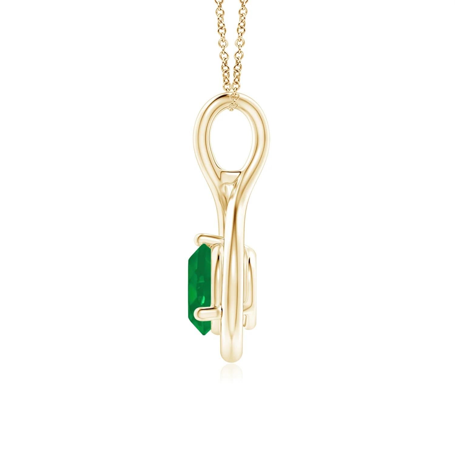 Nestled within a graceful infinity loop is a prong-set solitaire emerald that draws the eye with its lush green hue. The fluid elegance of this lustrous 14k yellow gold infinity twist pendant evokes a feminine vibe.
Emerald is the Birthstone for May