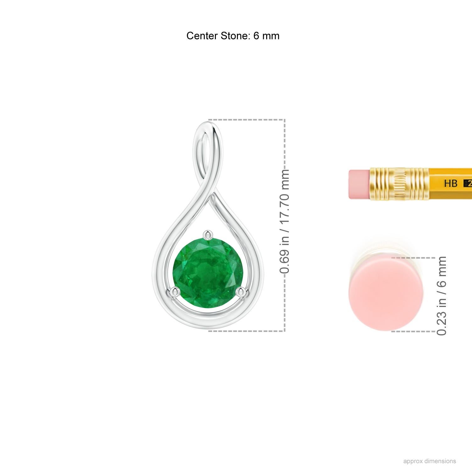 Modern Natural Solitaire Round Emerald Infinity Twist Pendant in Platinum 6mm For Sale