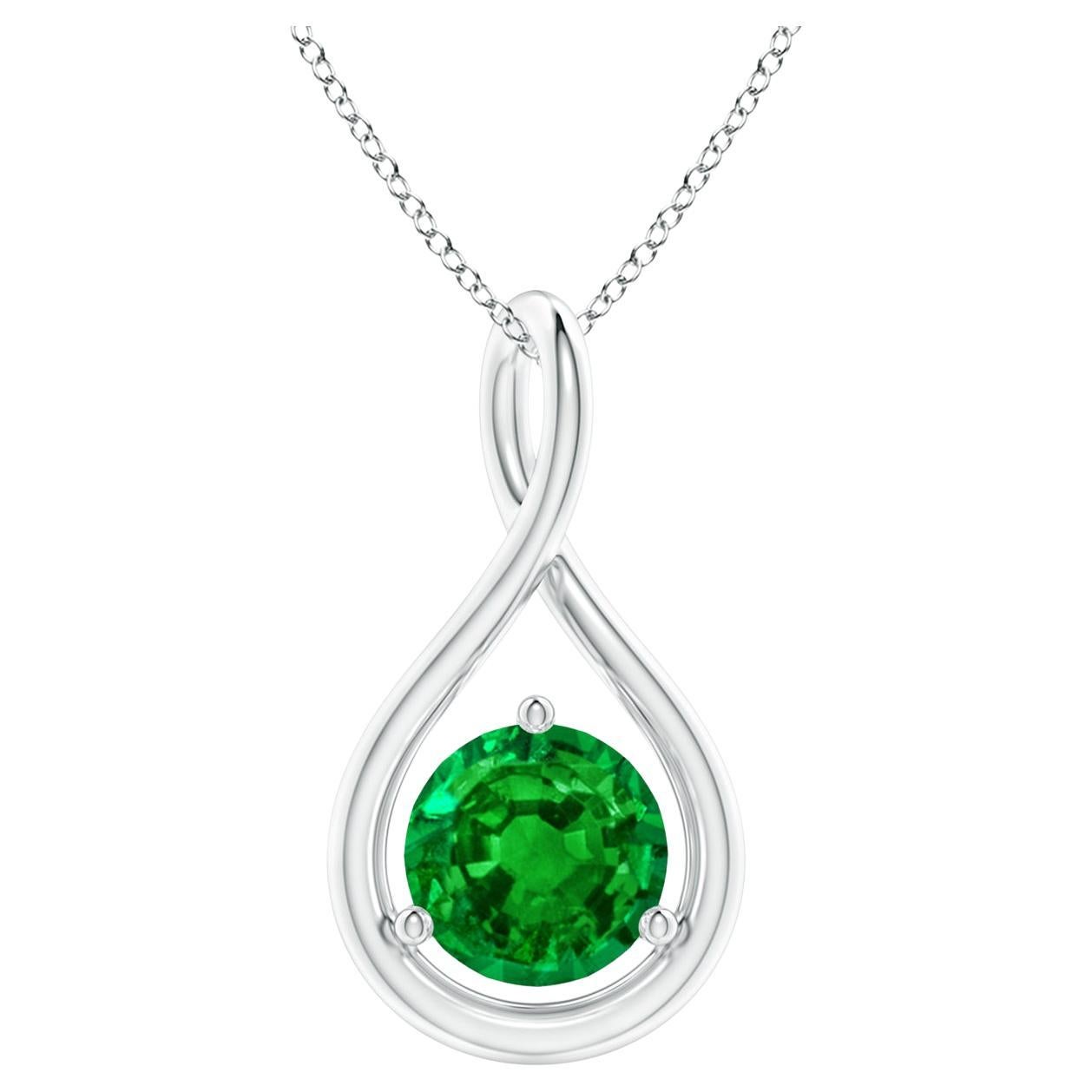 Natural Solitaire Round Emerald Infinity Twist Pendant in Platinum 6mm For Sale