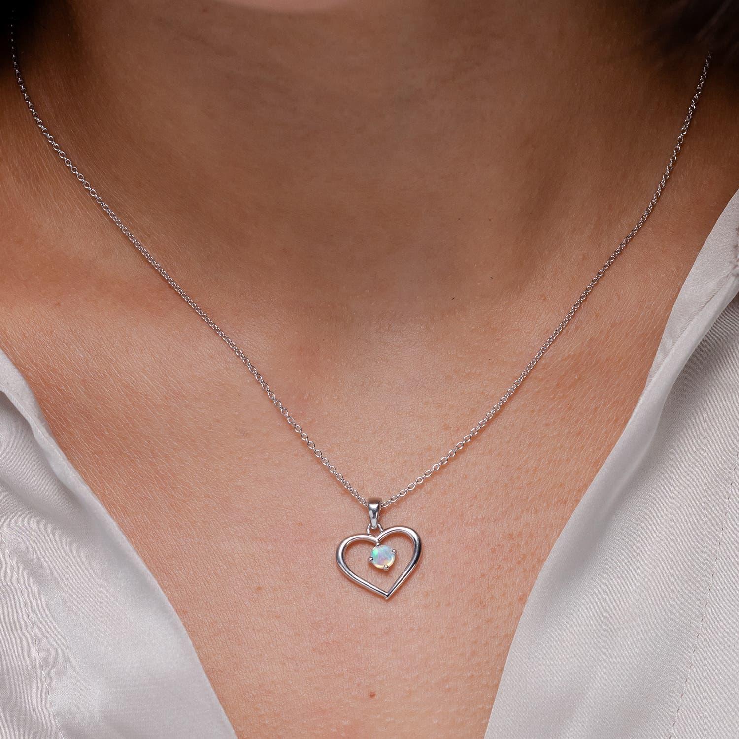 Round Cut Angara Natural Solitaire Round Opal Open Heart Pendant in 14K Solid Gold For Sale