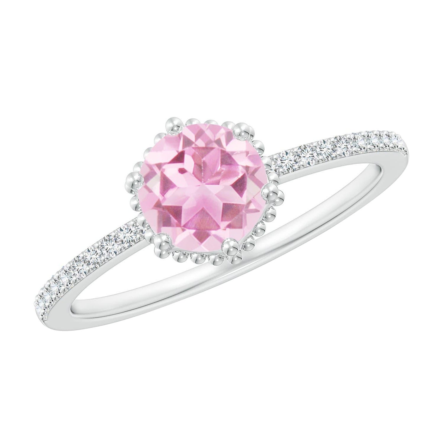 Angara Anillo Solitario Natural de Turmalina Rosa Redonda con Diamante en Oro de 14K en venta