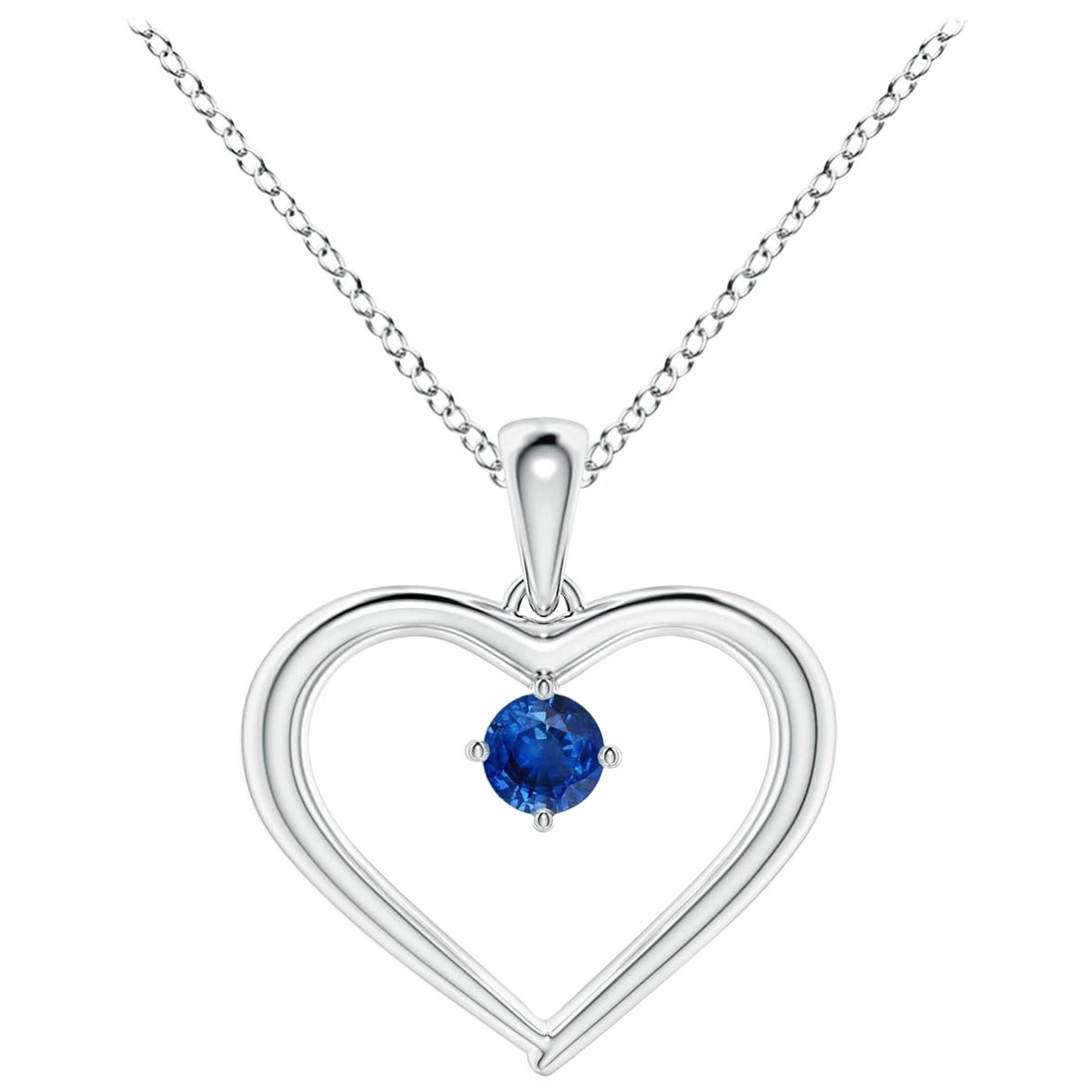 Pendentif en or blanc 14K avec saphir rond solitaire naturel et cœur ouvert Angara