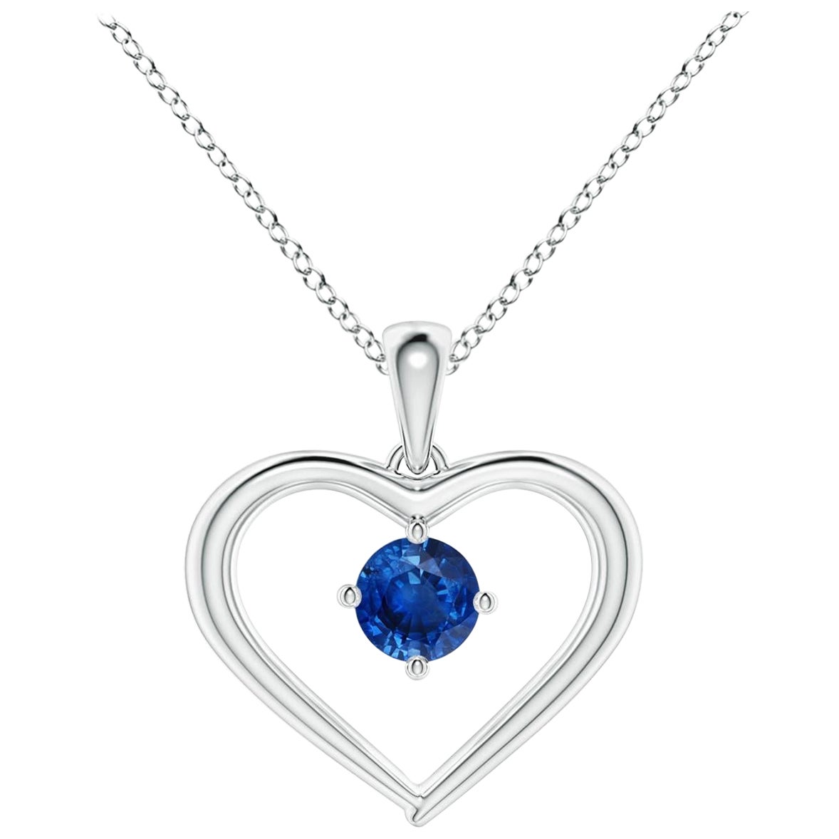 Pendentif en or blanc 14K avec saphir rond solitaire naturel et cœur ouvert Angara