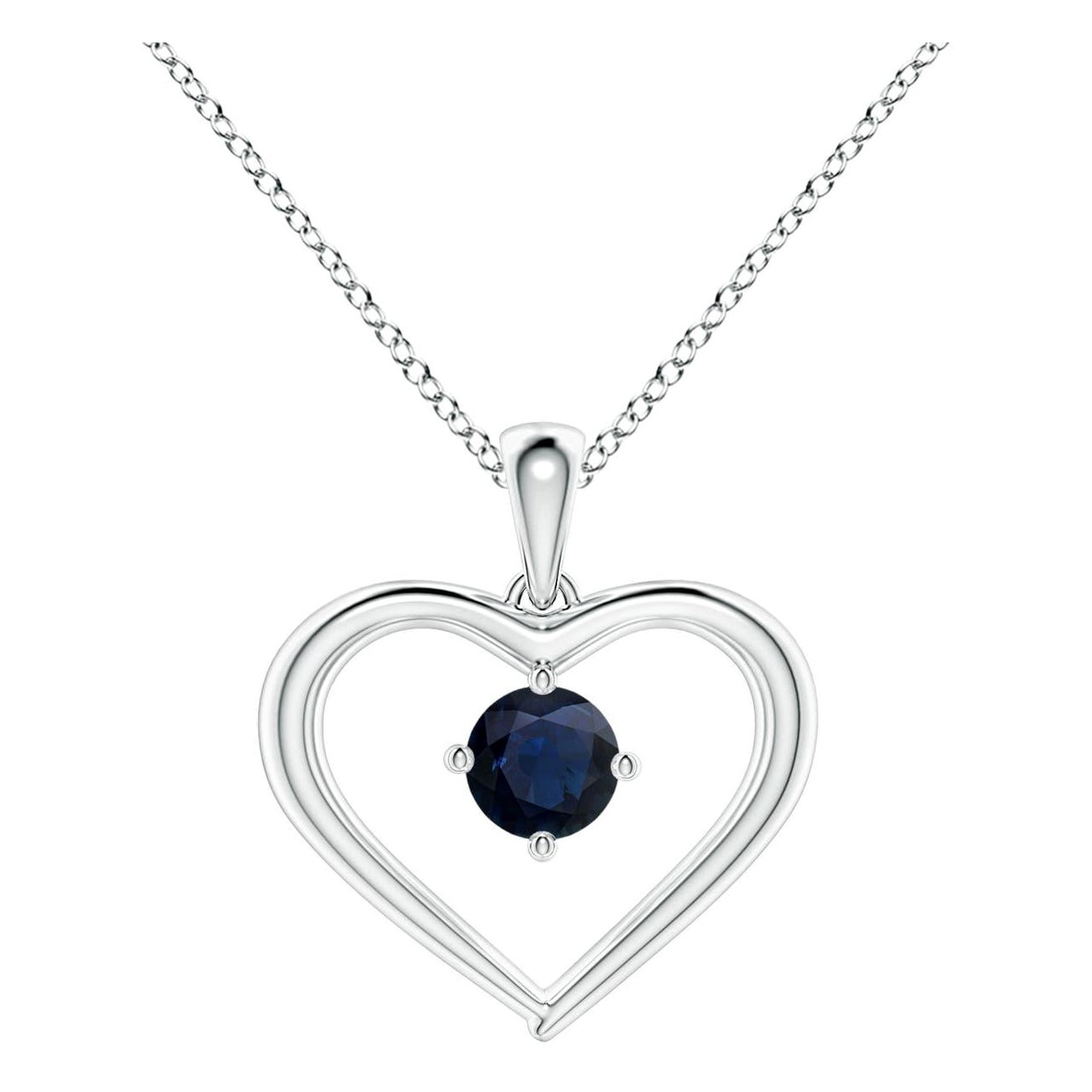 Pendentif en or blanc 14K avec saphir rond solitaire naturel et cœur ouvert Angara