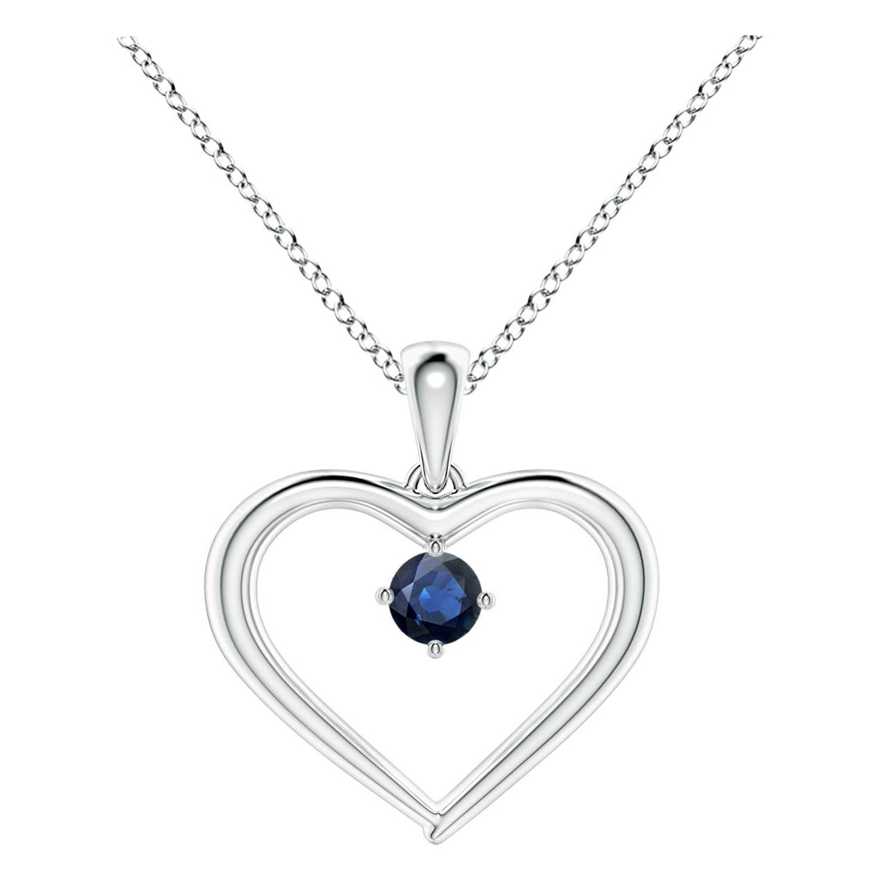 Pendentif en or blanc 14K avec saphir rond solitaire naturel et cœur ouvert Angara