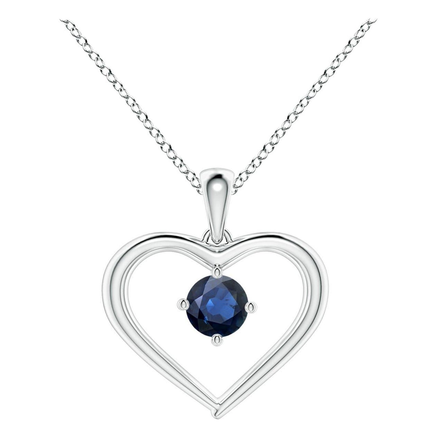 Pendentif en or blanc 14K avec saphir rond solitaire naturel et cœur ouvert Angara