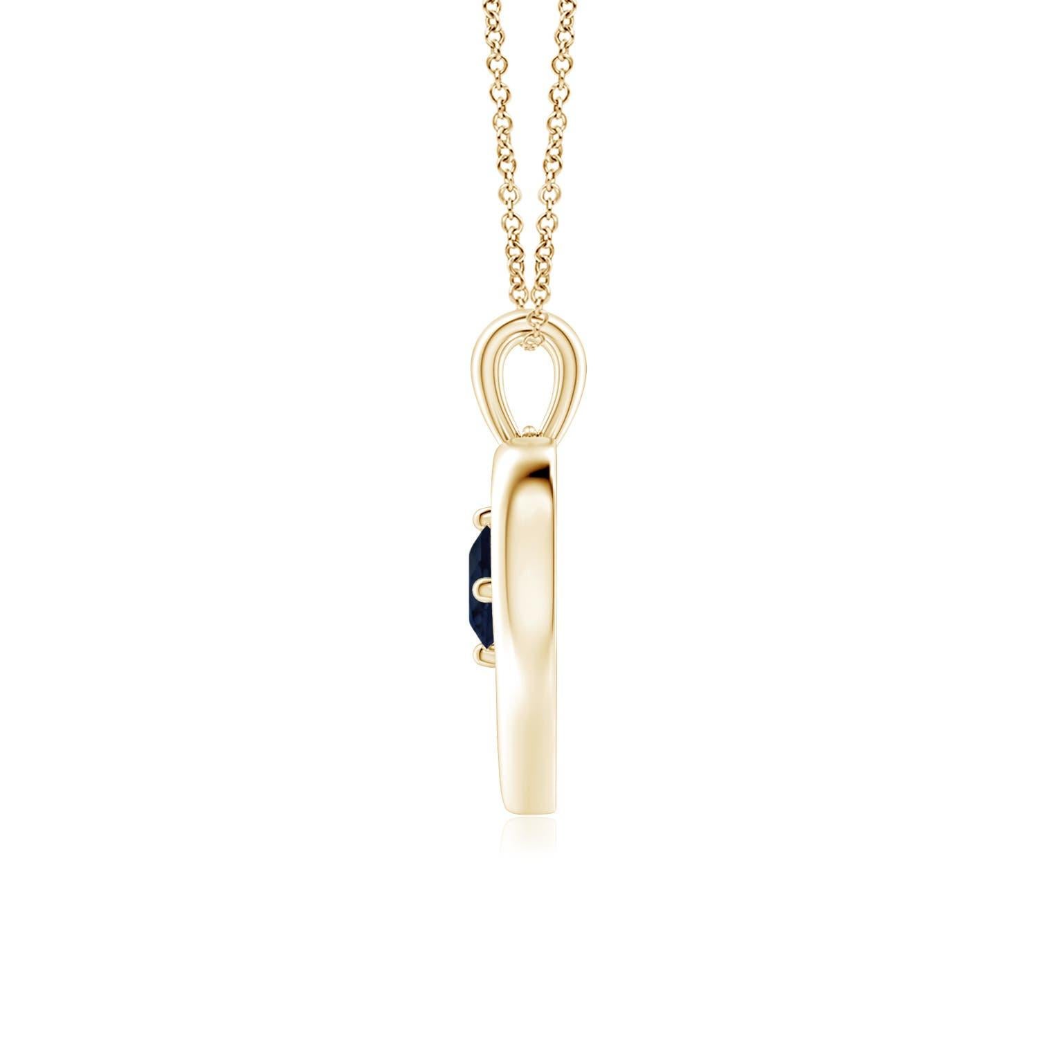 Ce resplendissant pendentif à cœur ouvert en or jaune 14k serti de saphirs est à la fois simple et magnifique. L'agréable pierre précieuse bleue semble hypnotisante en combinaison avec le cadre lustré en forme de cœur ouvert.
Le saphir bleu est la