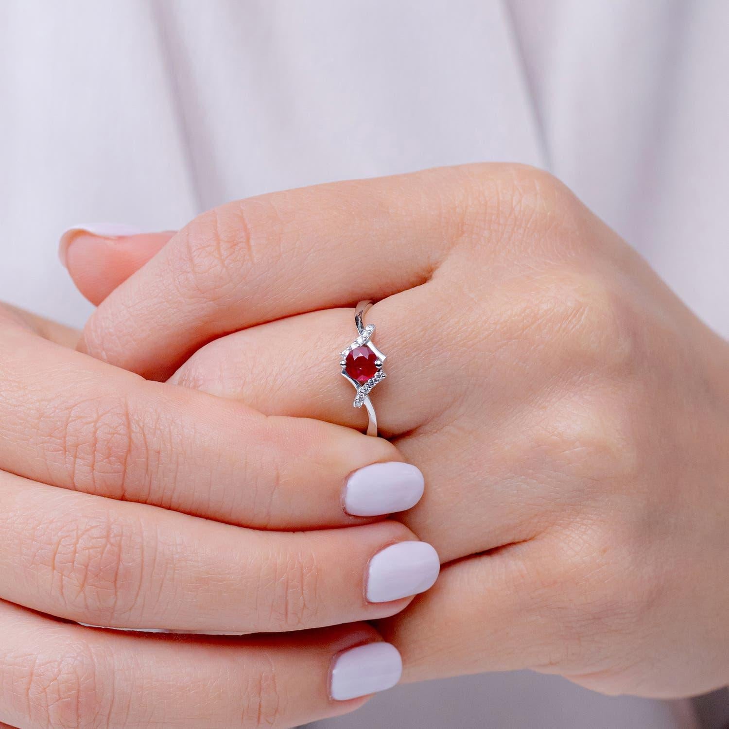 Modern Angara Natural Solitaire Ruby Bypass Promise Ring with Diamond in 14K Solid Gold For Sale