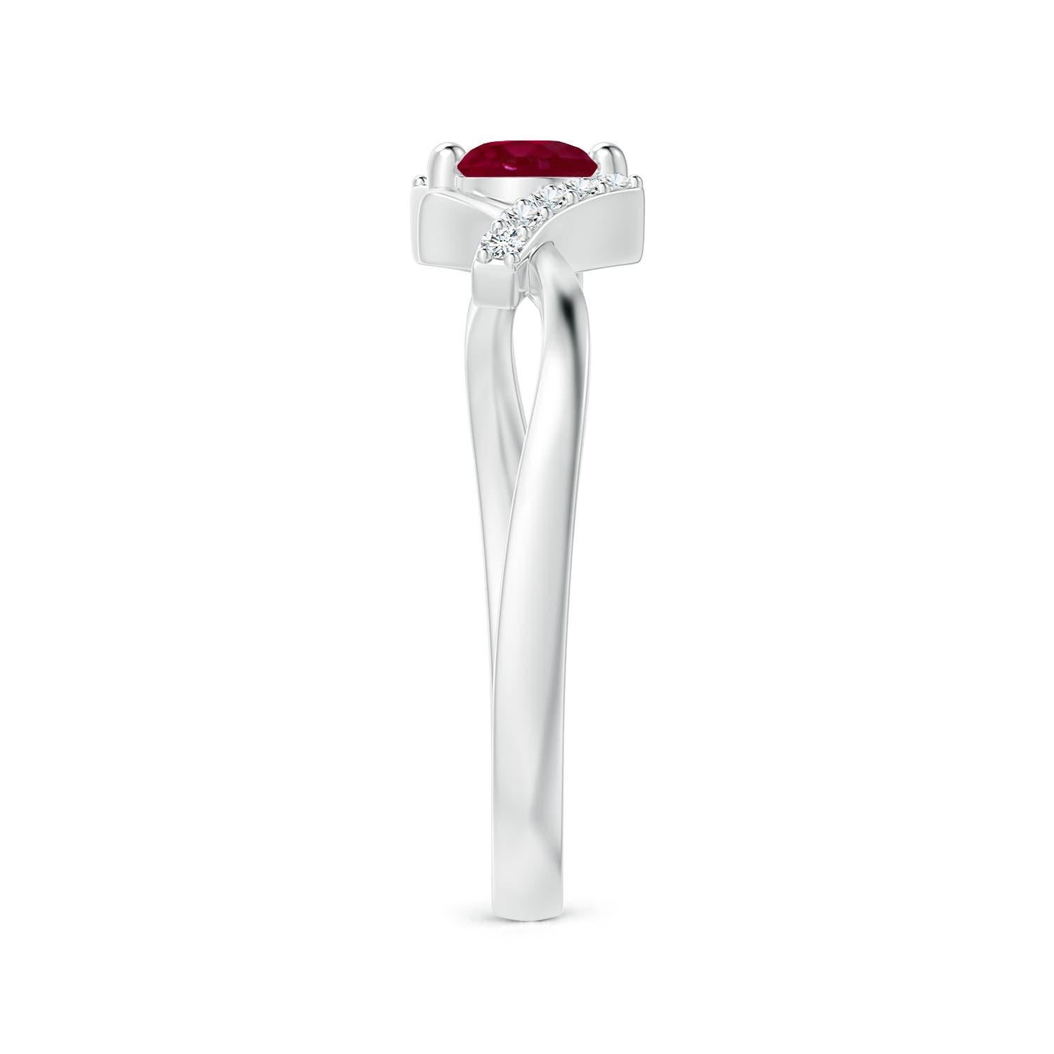 Round Cut Angara Natural Solitaire Ruby Bypass Promise Ring with Diamond in 14K Solid Gold For Sale