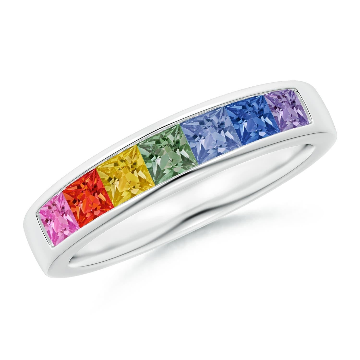 Donna Anello Angara Nature Spectra Square Multi-Sapphire Non-Eternity in oro massiccio 14 carati in vendita