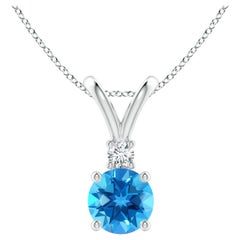 Angara Natural Swiss Blue Topaz Solitaire Pendant with Diamond in 14K White Gold