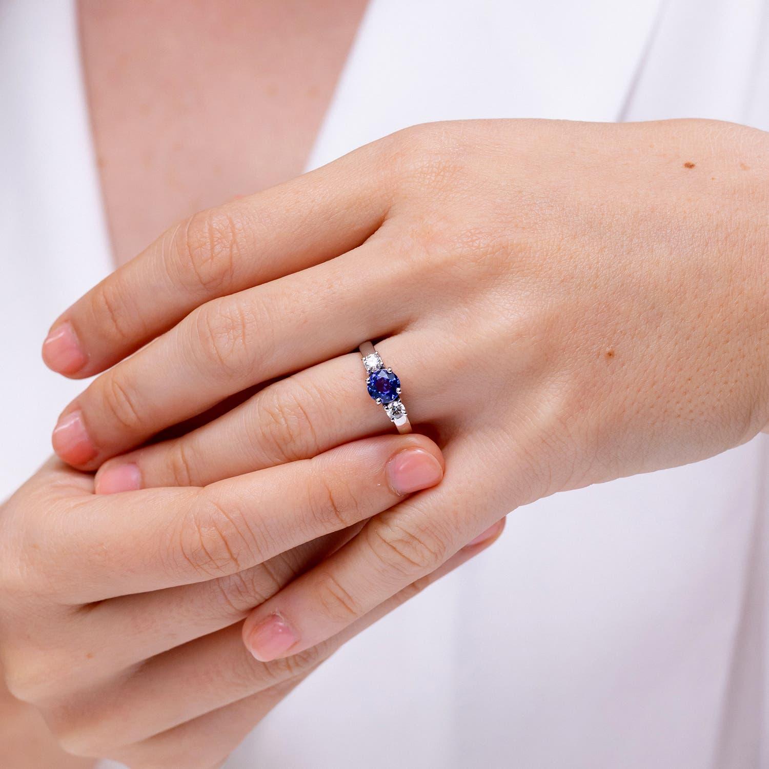 Modern Angara Natural Tanzanite and Diamond Three Stone Engagement Ring in 14K Gold For Sale