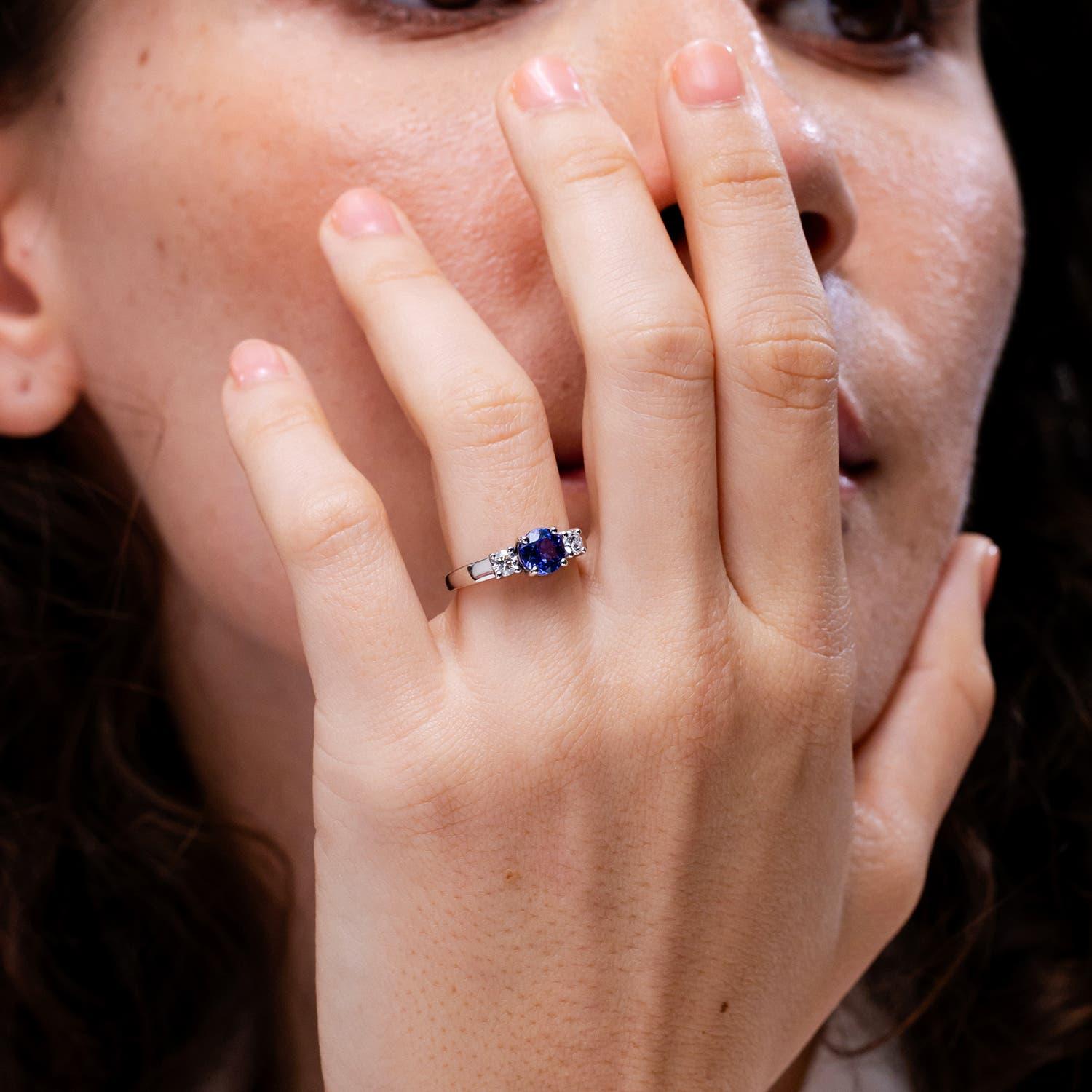 Round Cut Angara Natural Tanzanite and Diamond Three Stone Engagement Ring in 14K Gold For Sale
