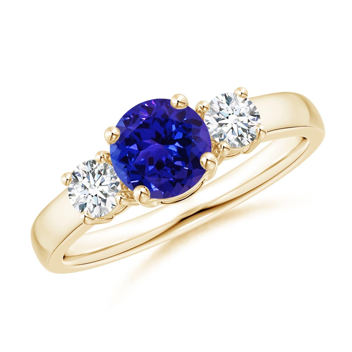 Angara Natural Tanzanite and Diamond Three Stone Engagement Ring in 14K Gold For Sale 1