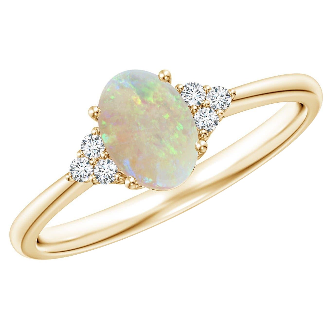 Bague Angara en or massif 14 carats avec Opale ovale et Trio de Diamants en vente