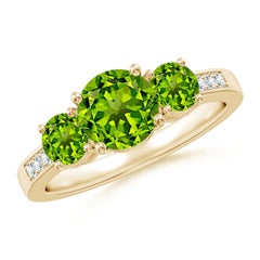 Angara Natural Three Stone 1.4 ct Peridot Ring with Diamond in 14K Solid Gold