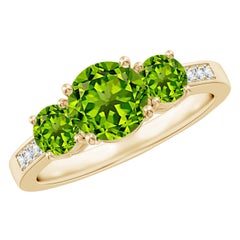 Angara Natural Three Stone 1.4 ct Peridot Ring with Diamond in 14K Solid Gold