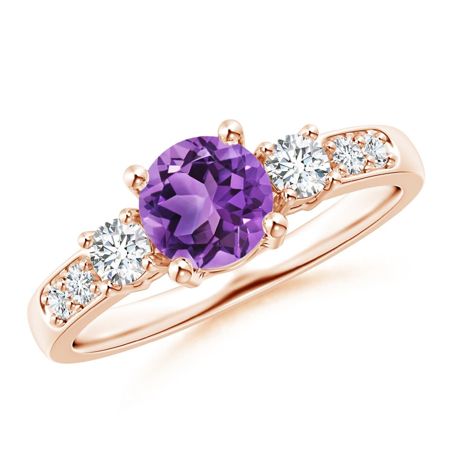 Angara natürlichen drei Stein Amethyst und Diamant-Ring in 14K massivem Gold für Frauen im Angebot 2