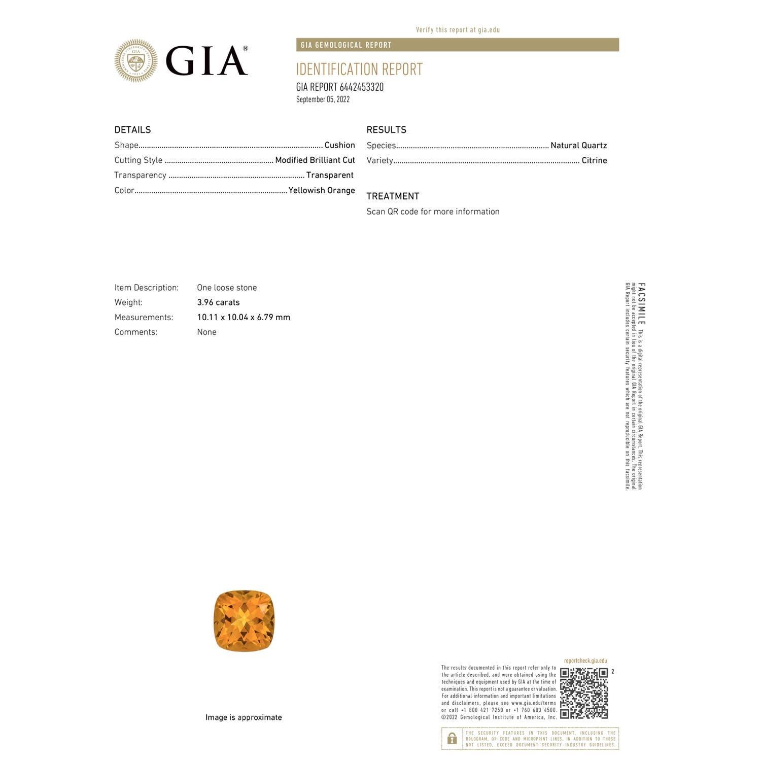Moderno A. Nature Tre Pietre GIA Certificato Cuscino 3.96ct Anello con Citrino in Oro 14K in vendita