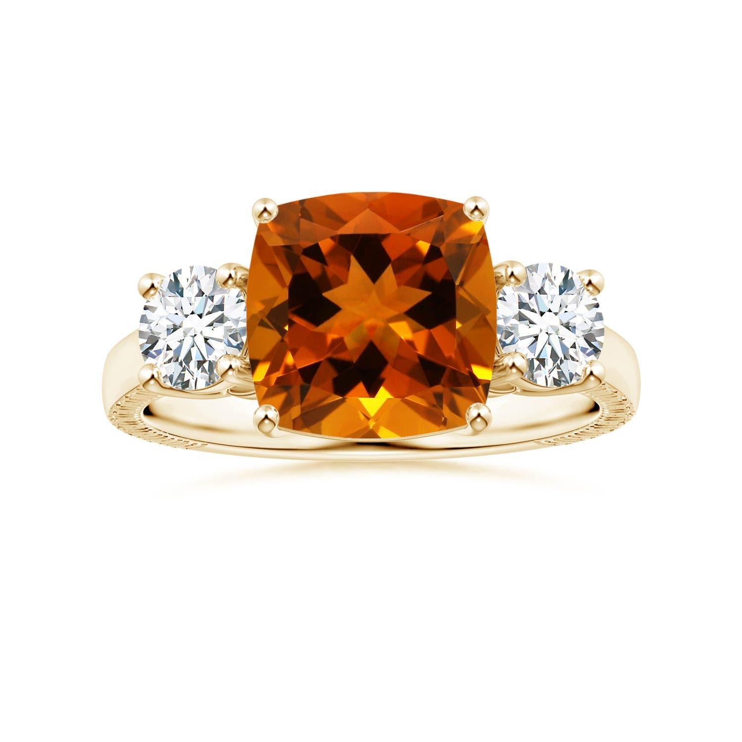 A. Nature Tre Pietre GIA Certificato Cuscino 3.96ct Anello con Citrino in Oro 14K in vendita 3