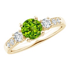 Angara Natural Three Stone Peridot and Diamond Ring in 14K Solid Gold for Women