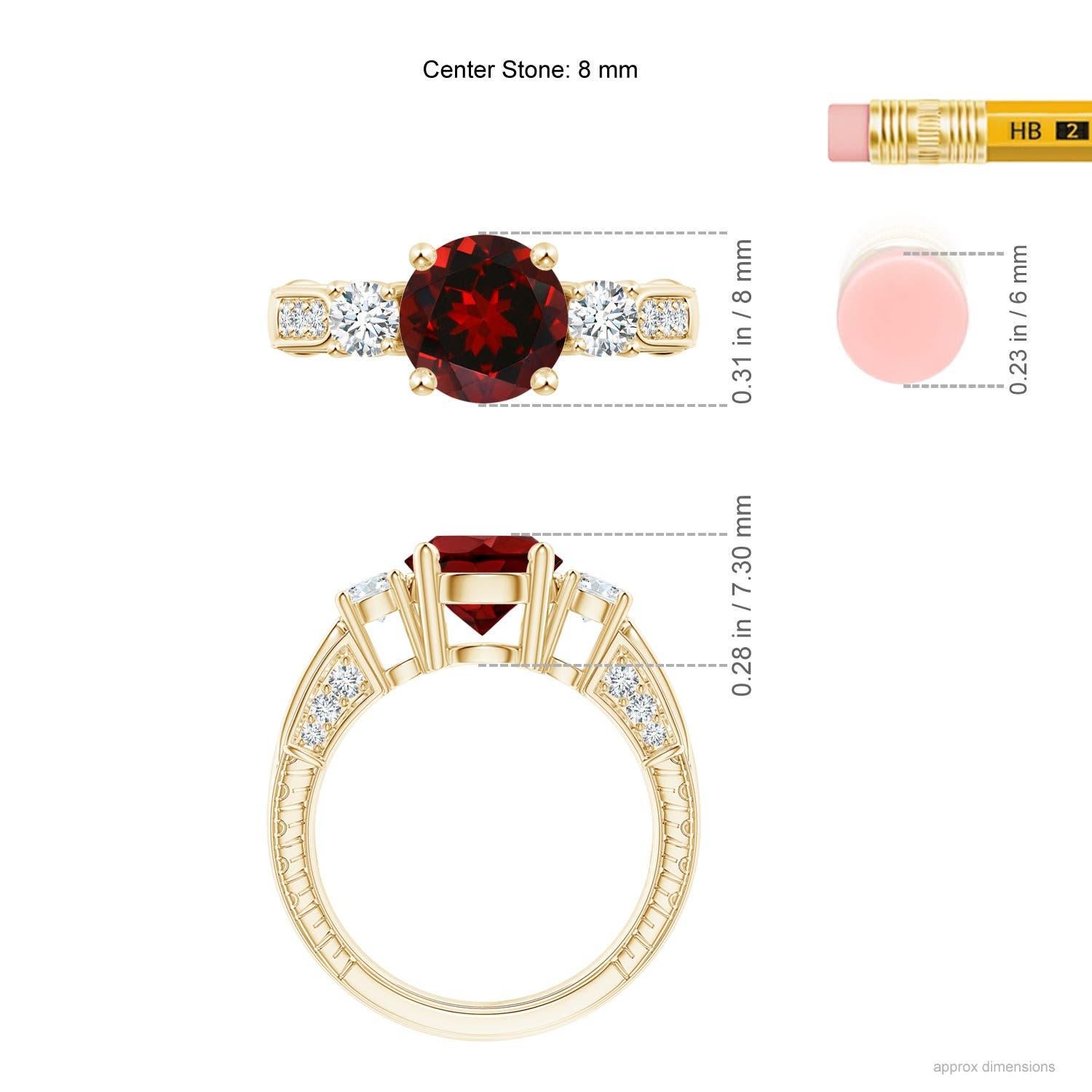 Anillo Angara de oro macizo de 14 quilates con tres piedras naturales, granate redondo de 2,2 ct y diamantes en Nuevo estado para la venta en Los Angeles, CA