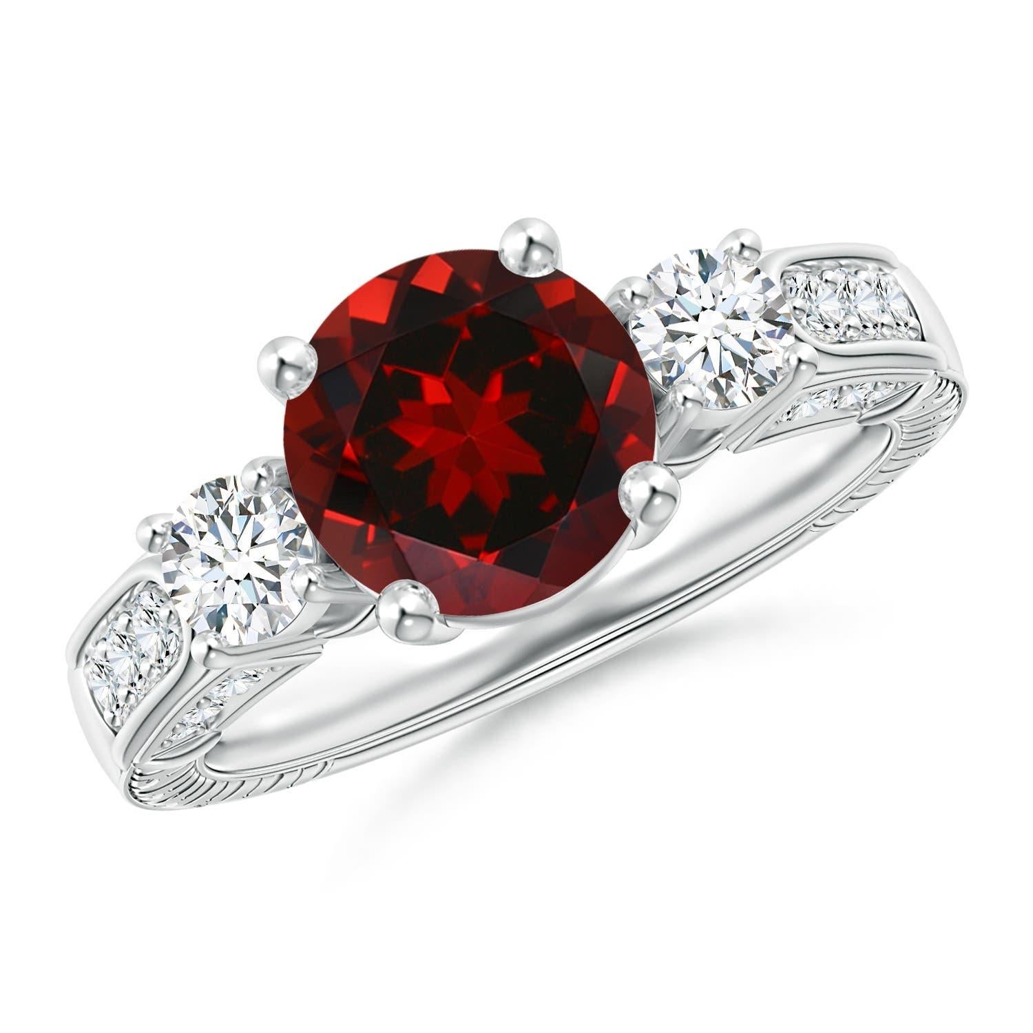 De las mujeres Anillo Angara de oro macizo de 14 quilates con tres piedras naturales, granate redondo de 2,2 ct y diamantes en venta