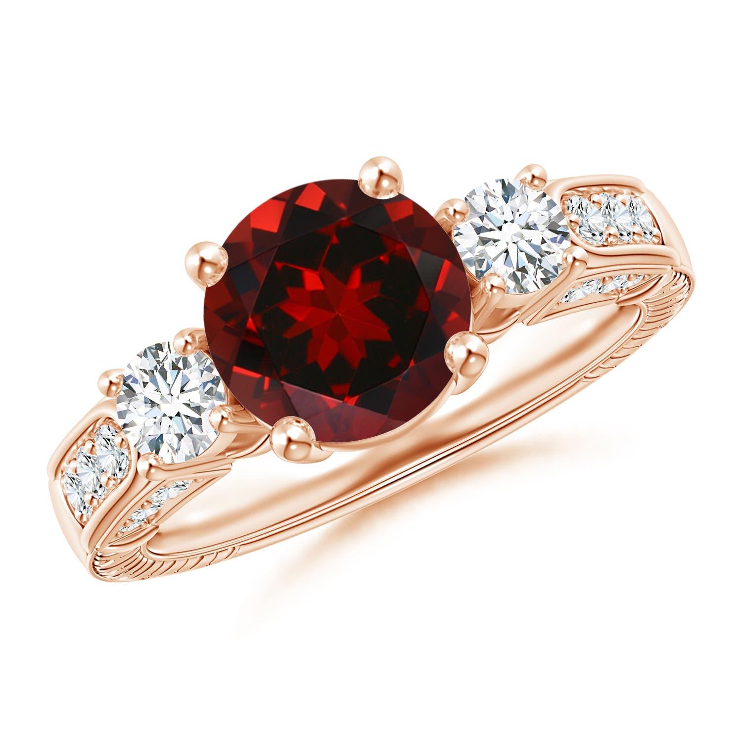 Anillo Angara de oro macizo de 14 quilates con tres piedras naturales, granate redondo de 2,2 ct y diamantes en venta 1