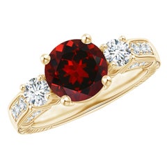 Anillo Angara de oro macizo de 14 quilates con tres piedras naturales, granate redondo de 2,2 ct y diamantes