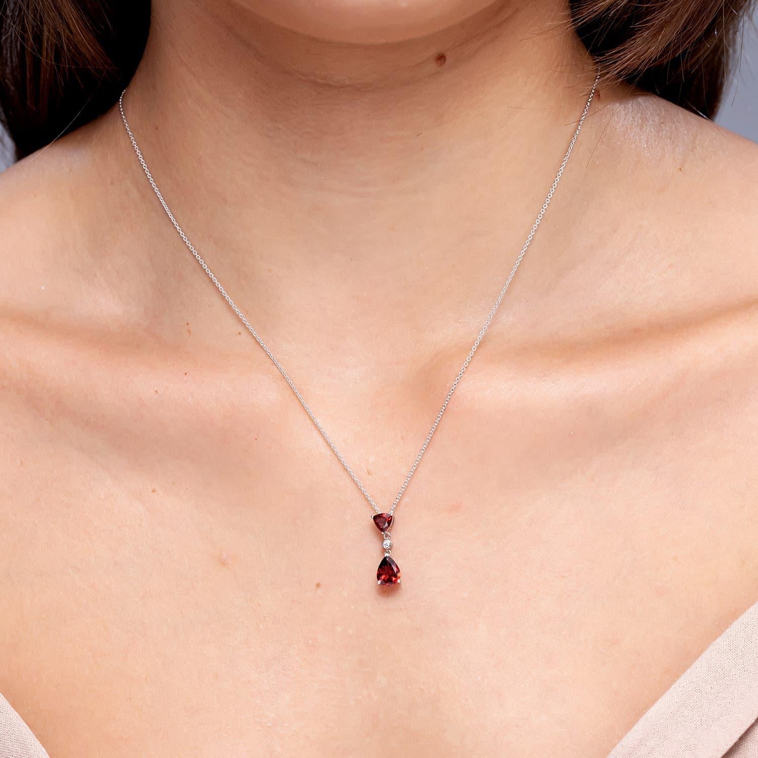 Modern Angara Natural Trillion and Pear 1.3 ct Garnet Drop Pendant in 14K Solid Gold For Sale