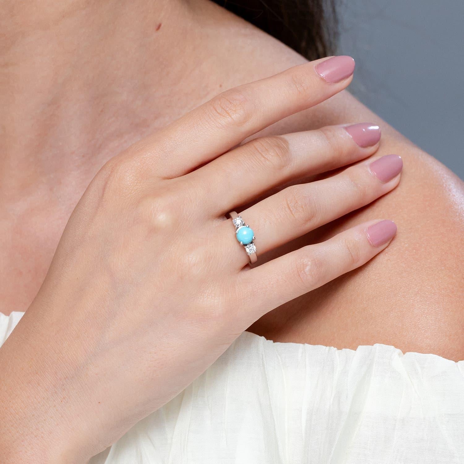 Modern Angara Natural Turquoise and Diamond Three Stone Engagement Ring 14K Solid Gold For Sale