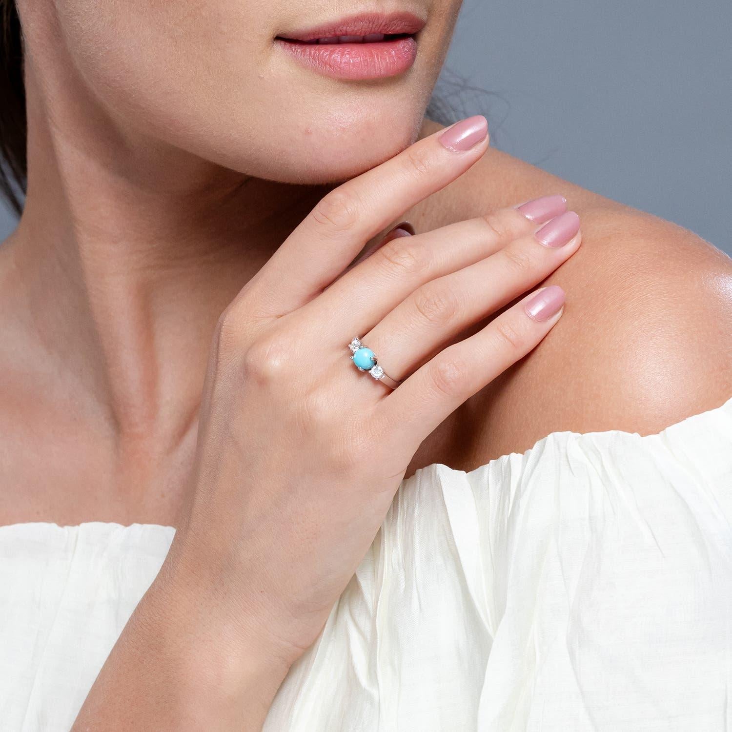 Round Cut Angara Natural Turquoise and Diamond Three Stone Engagement Ring 14K Solid Gold For Sale
