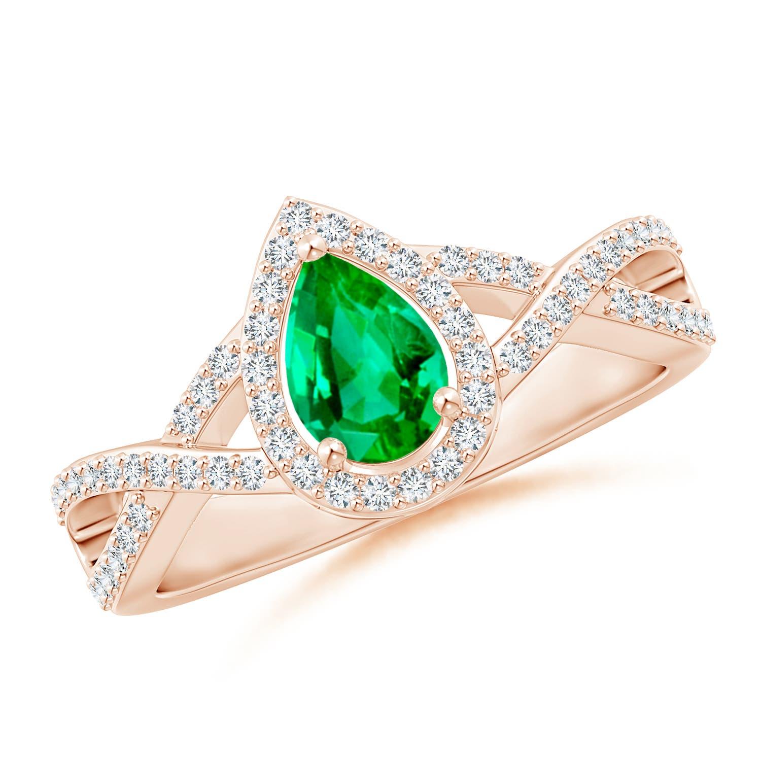 Anillo Angara de esmeralda pera natural de caña torcida con halo de diamantes en oro macizo de 14 quilates en venta 2