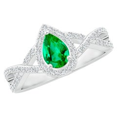 Bague Angara en or massif 14K avec émeraude poire et halo de diamants, tige torsadée naturelle