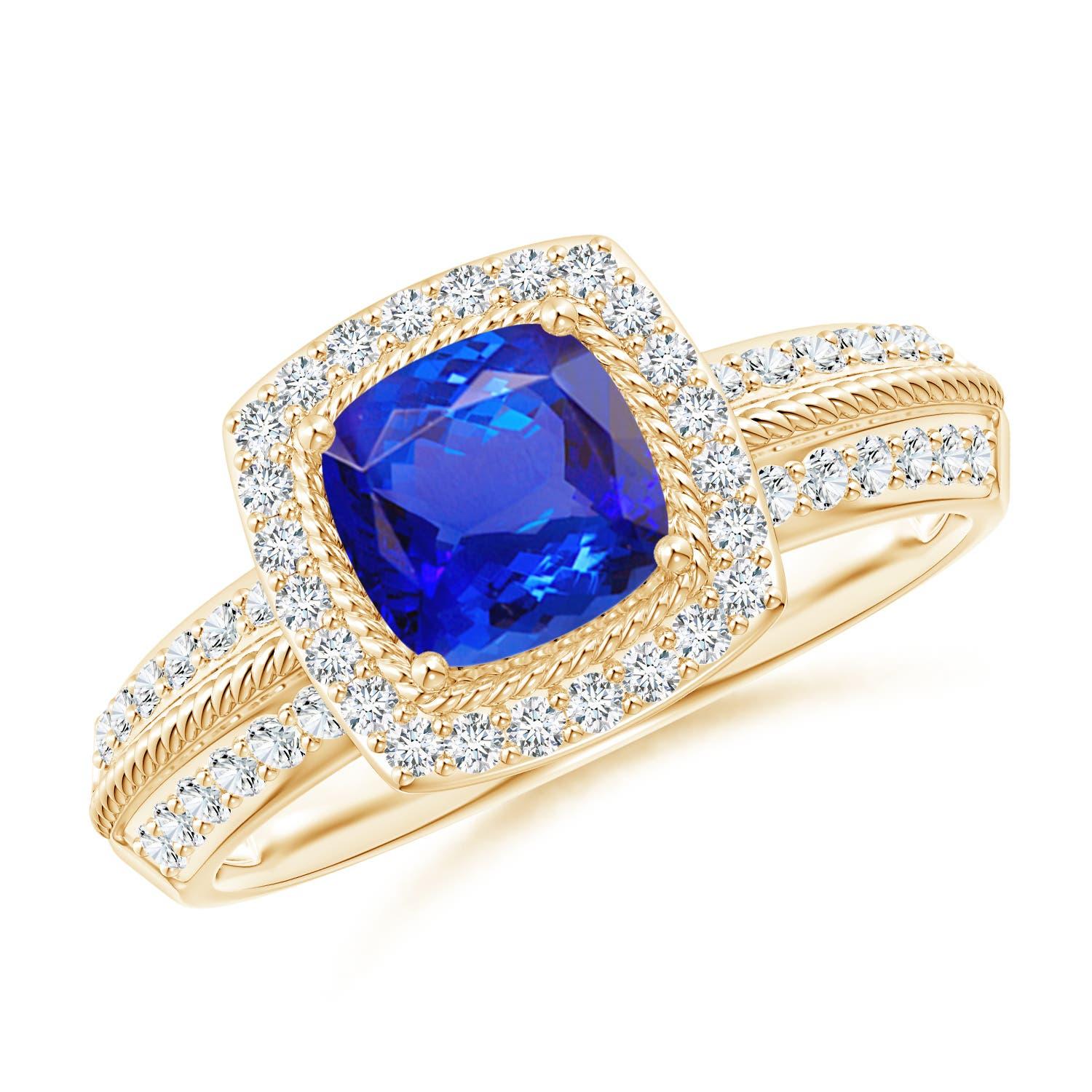 Angara natürlichen verdrehten Seil Kissen 1,05ct Tansanit Halo Ring in 14K massivem Gold im Angebot 1